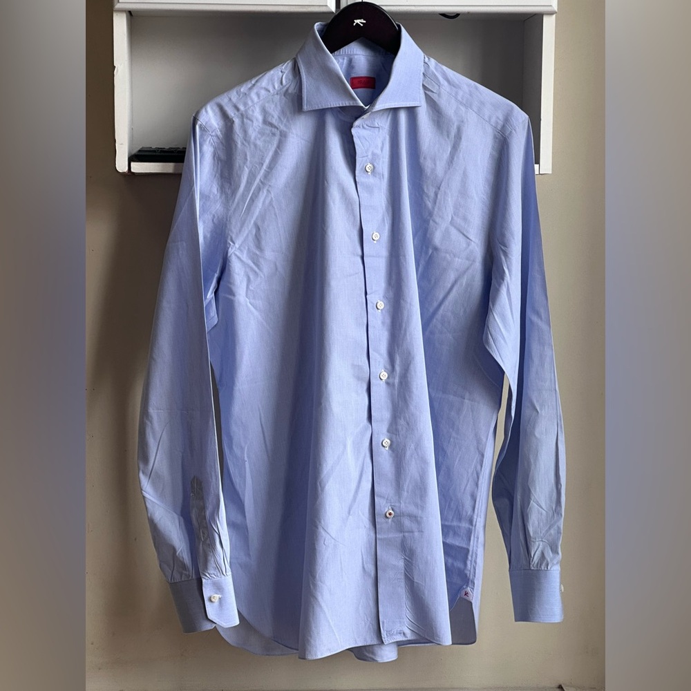 Isaia Napoli  Micro-check Light Blue Pattern Men’s Dress Shirt Size 17.5/44